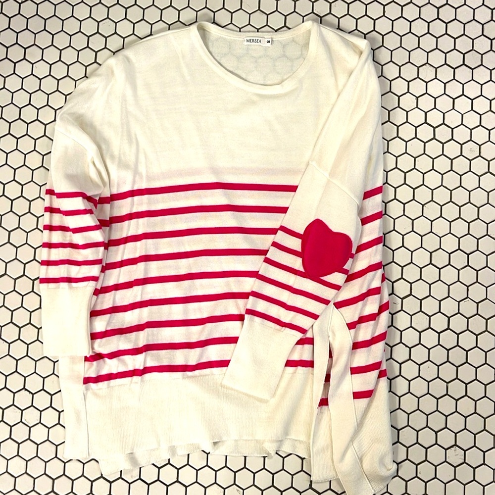 Mersea Pink stripe sweater with heart elbow patches! Super cute! - OS